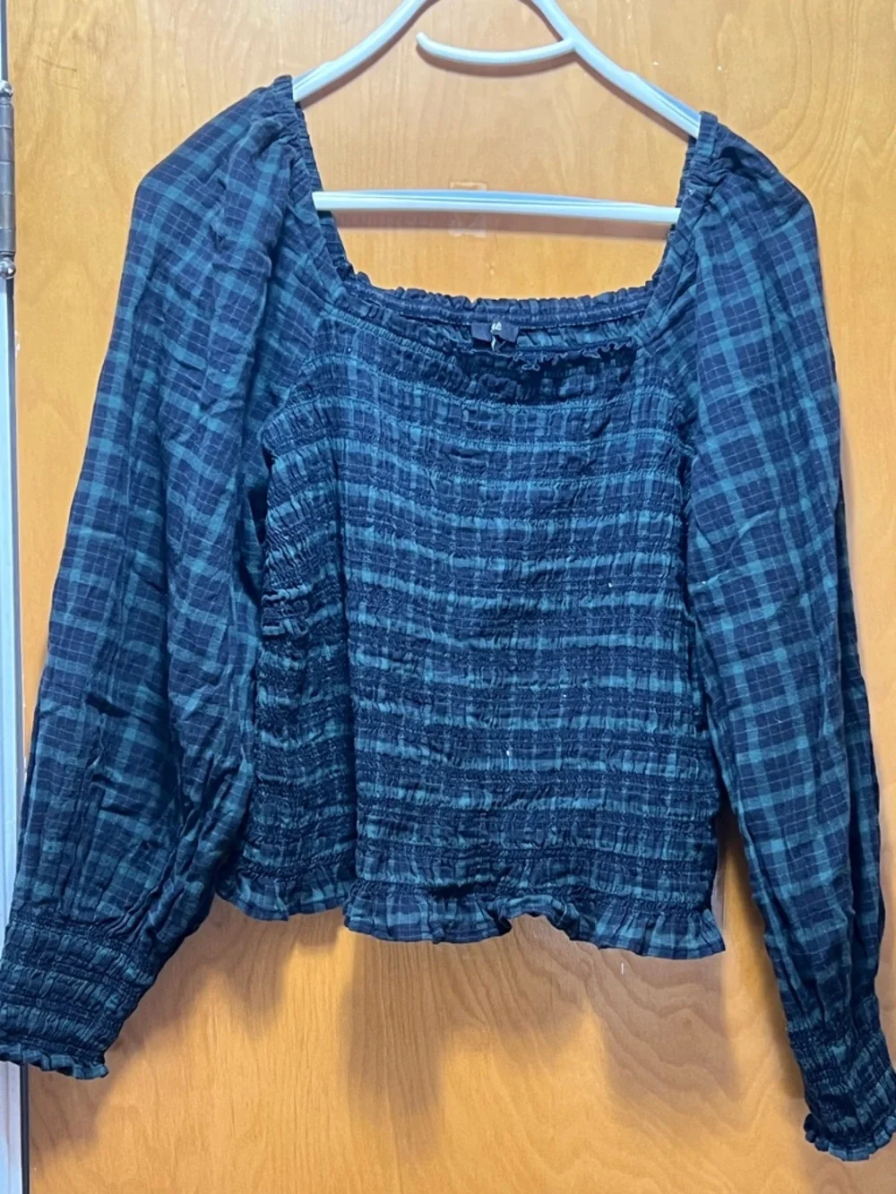 Madewell Dark Green and Black Smocked Plaid Peasant Top - Picture 2 of 8